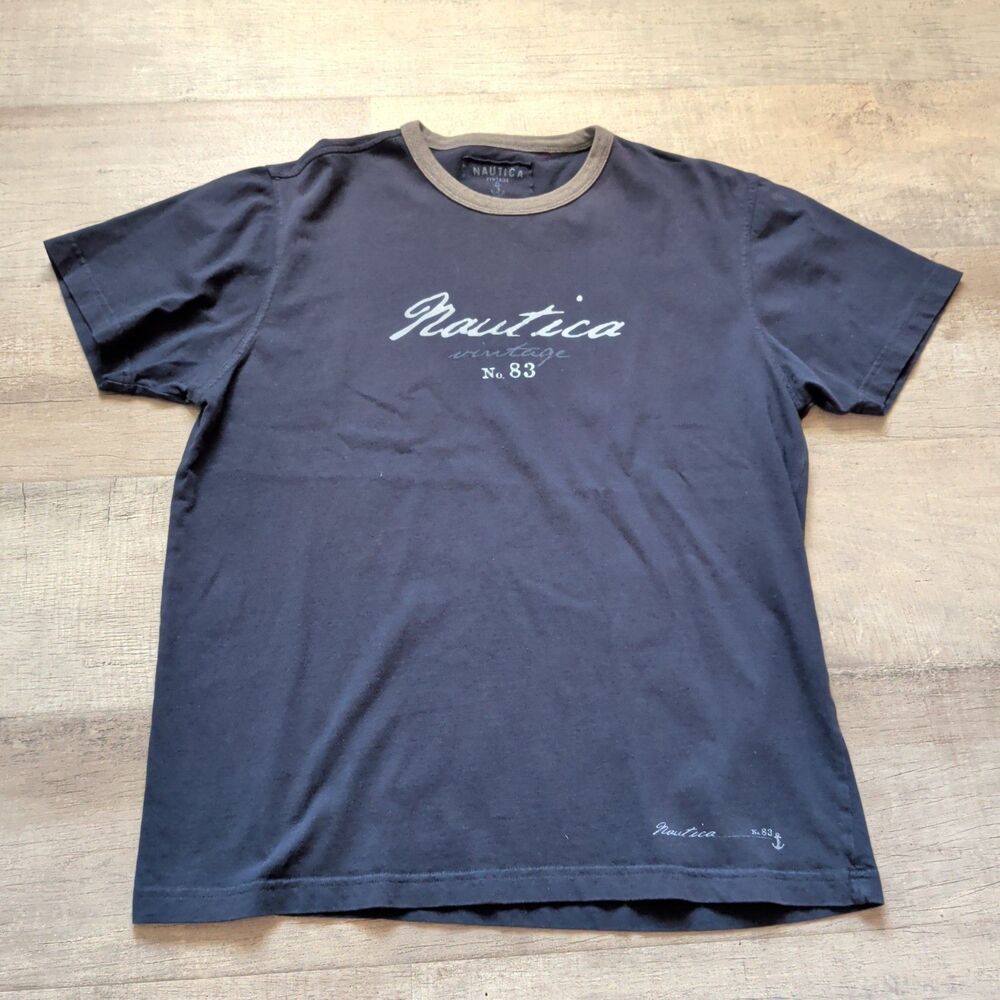 ​Vintage Nautica Shirt Mens Medium Black Script Spellout Ringer Tee No 83 Cotton